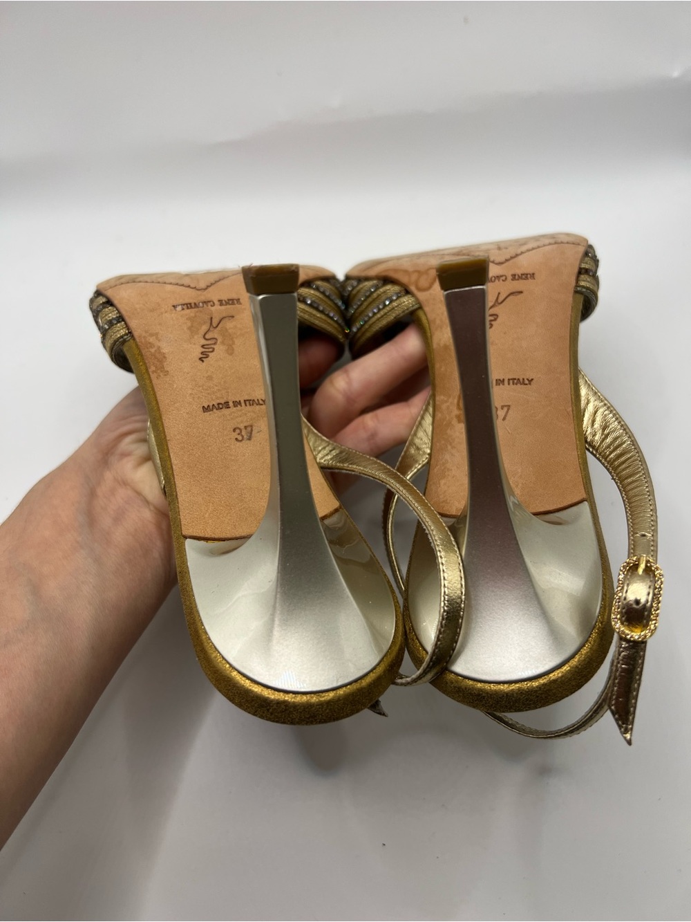 Rene Caovilla Gold Crystal Medallion Slingback Heels - Picture 10 of 15